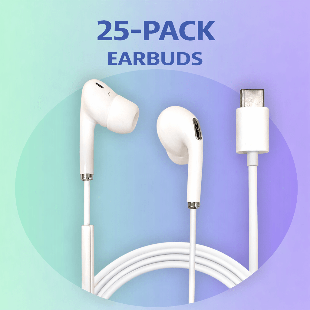 HamiltonBuhl USB-C ear buds with in-line microphone and play/pause control, 25-pack for classroom use.