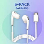 HamiltonBuhl USB-C ear buds with in-line microphone and play/pause control, 5-pack for classroom or group use.