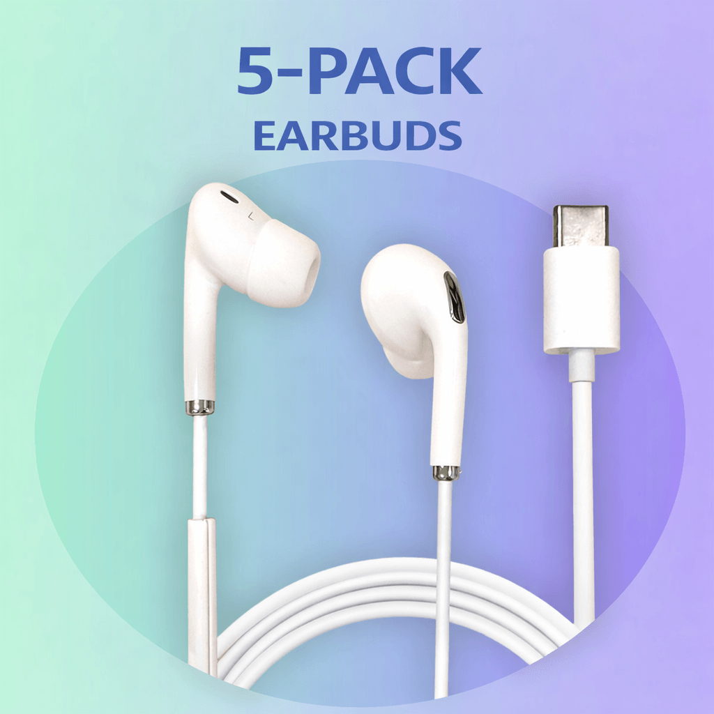 HamiltonBuhl USB-C ear buds with in-line microphone and play/pause control, 5-pack for classroom or group use.