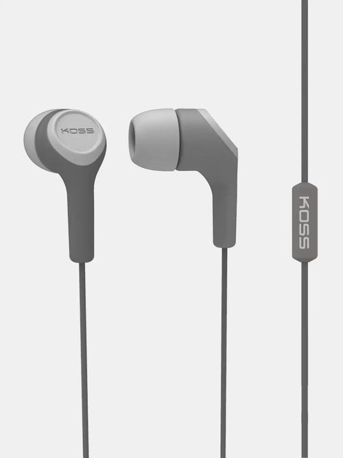 Koss KEB15i gray wired in-ear earbuds with inline microphone and 3.5mm audio plug