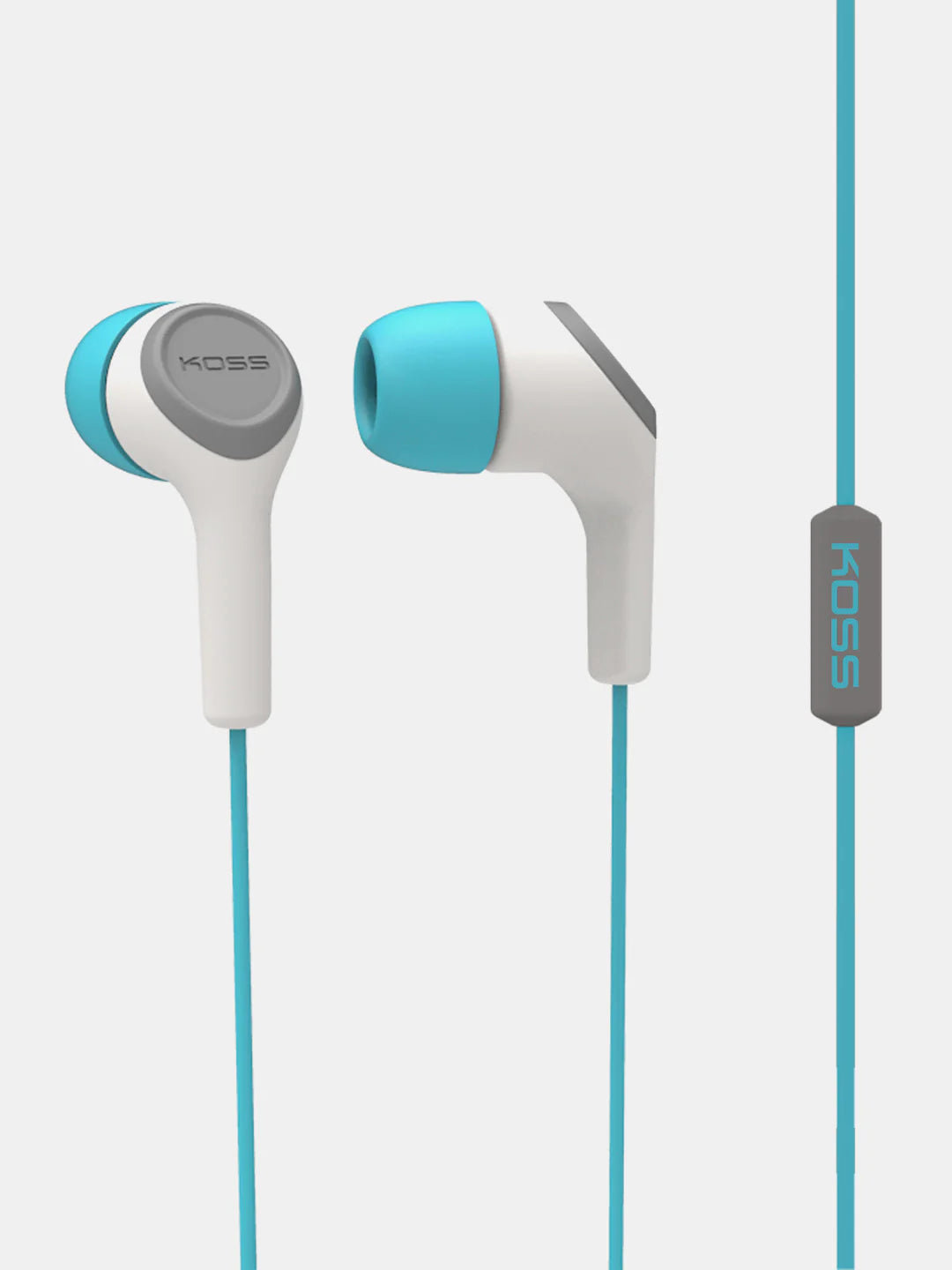 Koss KEB15i teal wired in-ear earbuds with inline microphone and 3.5mm audio plug