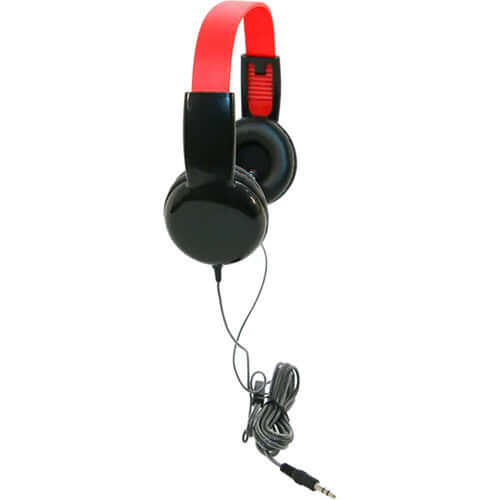 Side view of Califone KH-12V black pre-K on-ear headphones with volume control for classroom use