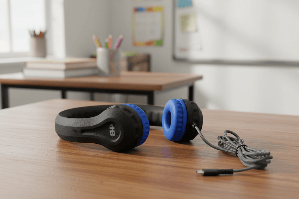 HamiltonBuhl USB-C Flex-Phones Virtually Indestructible Foam Headphones – Black with Blue Ear Cushions
