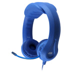 Close-up view of HamiltonBuhl Flex-Phones durable blue headphones for classroom listening