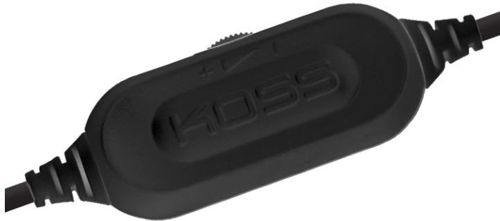 Close-up of inline volume control on Koss KPH25K black on-ear wired headphones