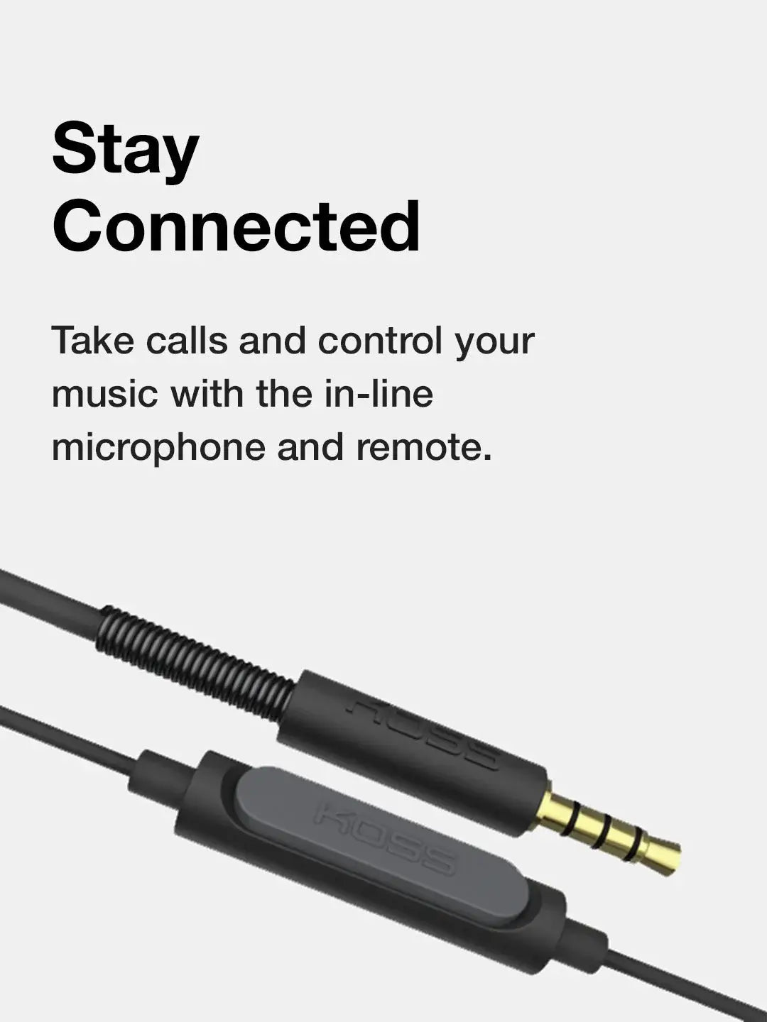 Close-up of inline microphone and TRRS jack plug on Koss KPH30i headphones