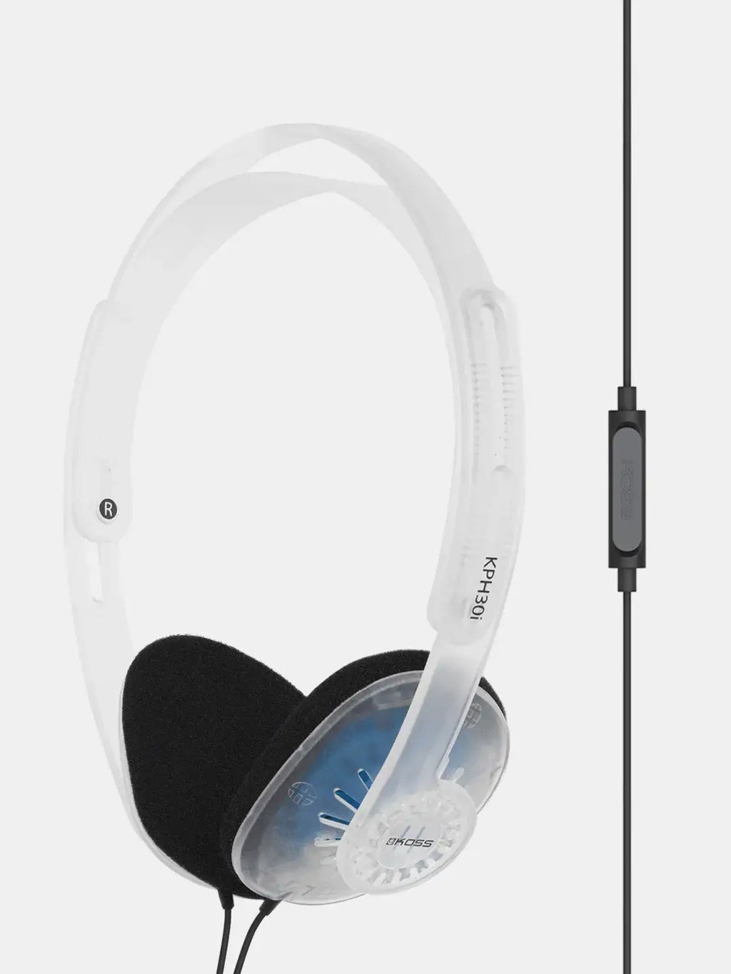 Koss KPH30i lightweight on-ear headphones with open-air design and inline microphone in clear