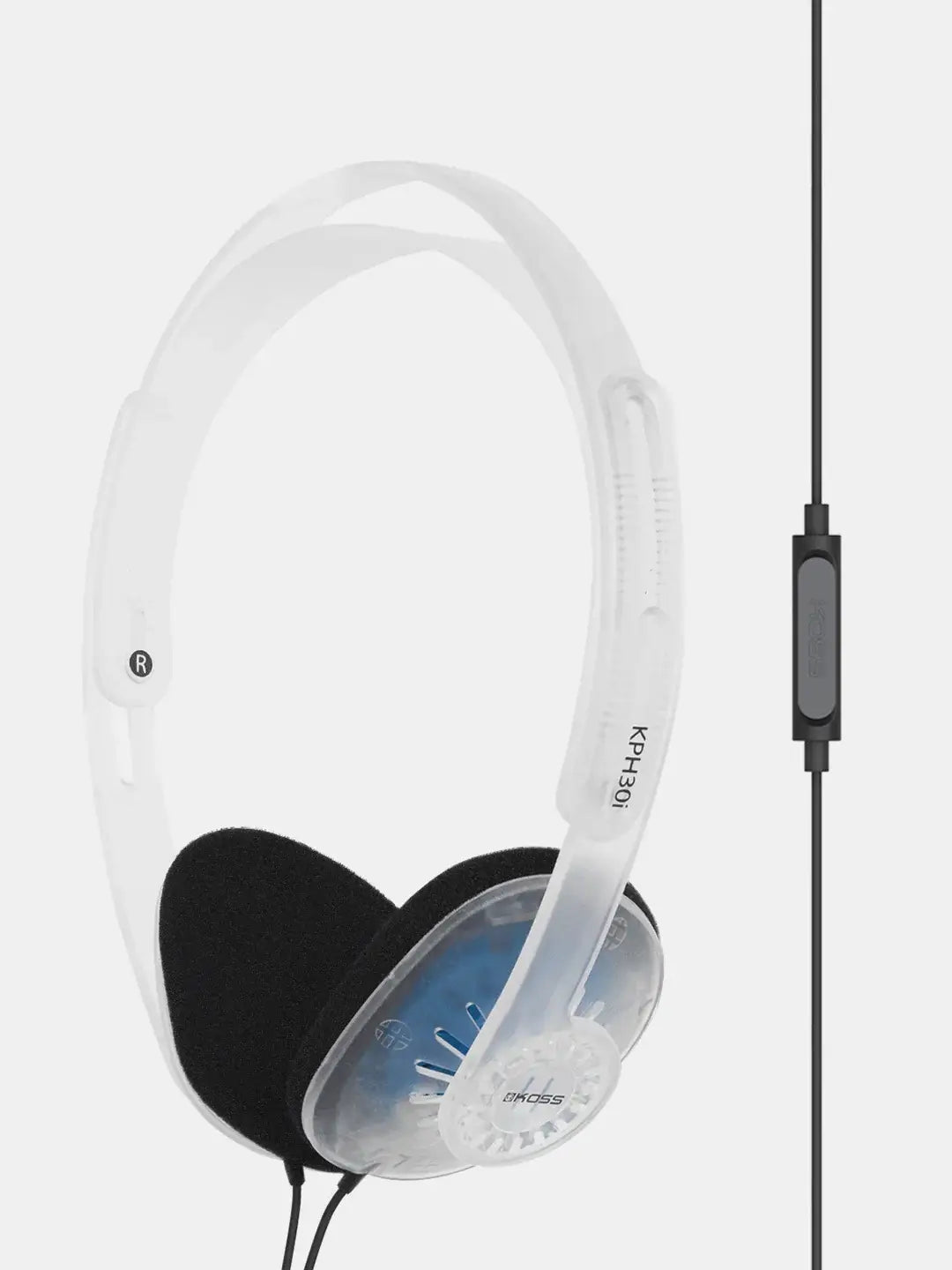 Koss KPH30i lightweight on-ear headphones with open-air design and inline microphone in clear