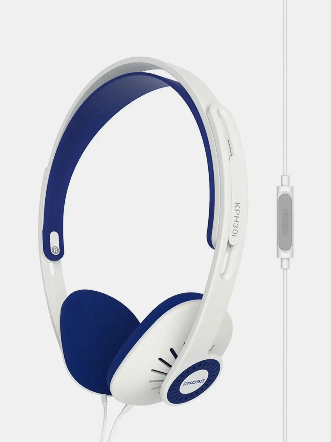 Koss KPH30i lightweight on-ear headphones with open-air design and inline microphone in white/blue