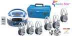 AudioStar 6-Station Listening Center with media player, headphones, jackbox, and portable carrying case.