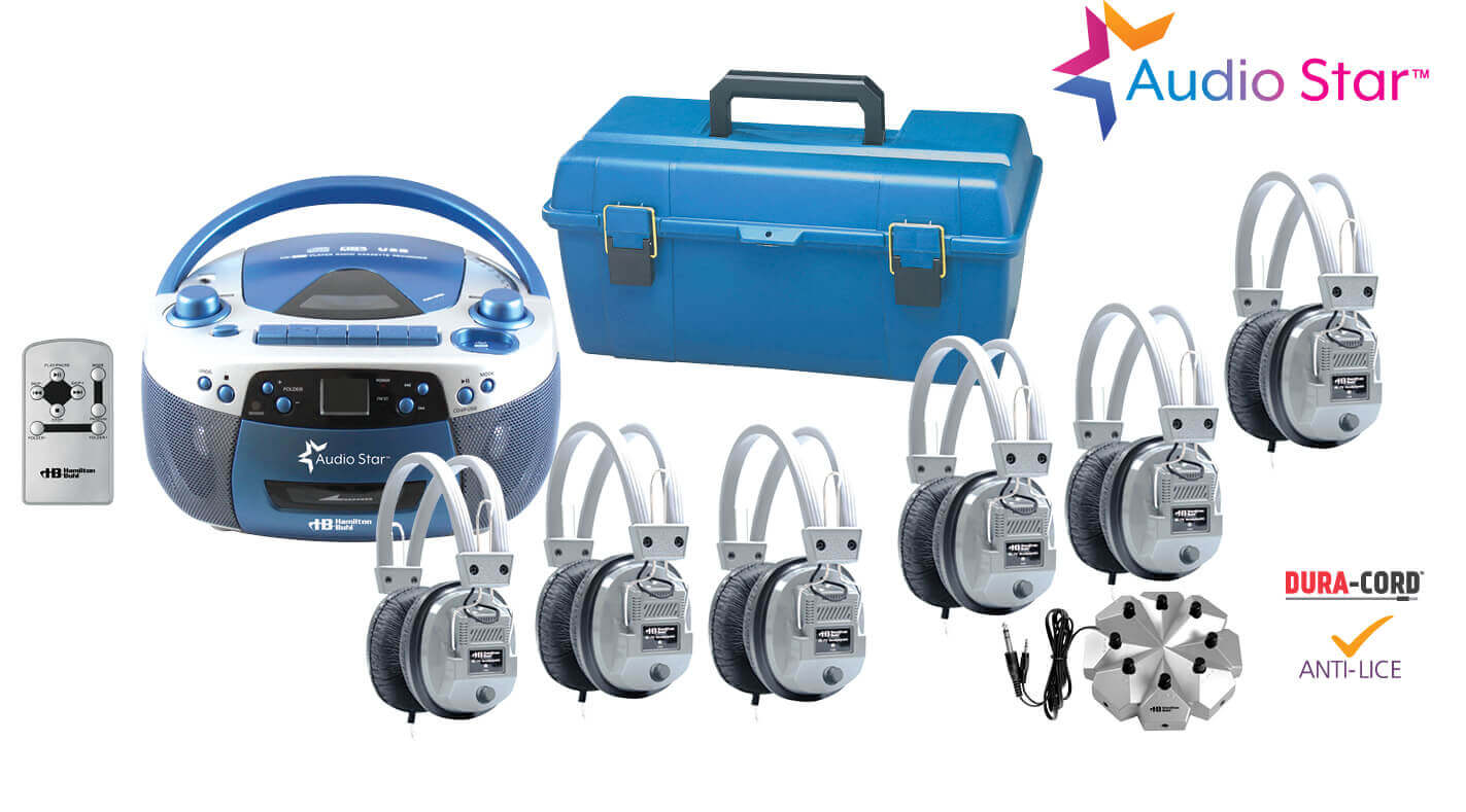 AudioStar 6-Station Listening Center with media player, headphones, jackbox, and portable carrying case.