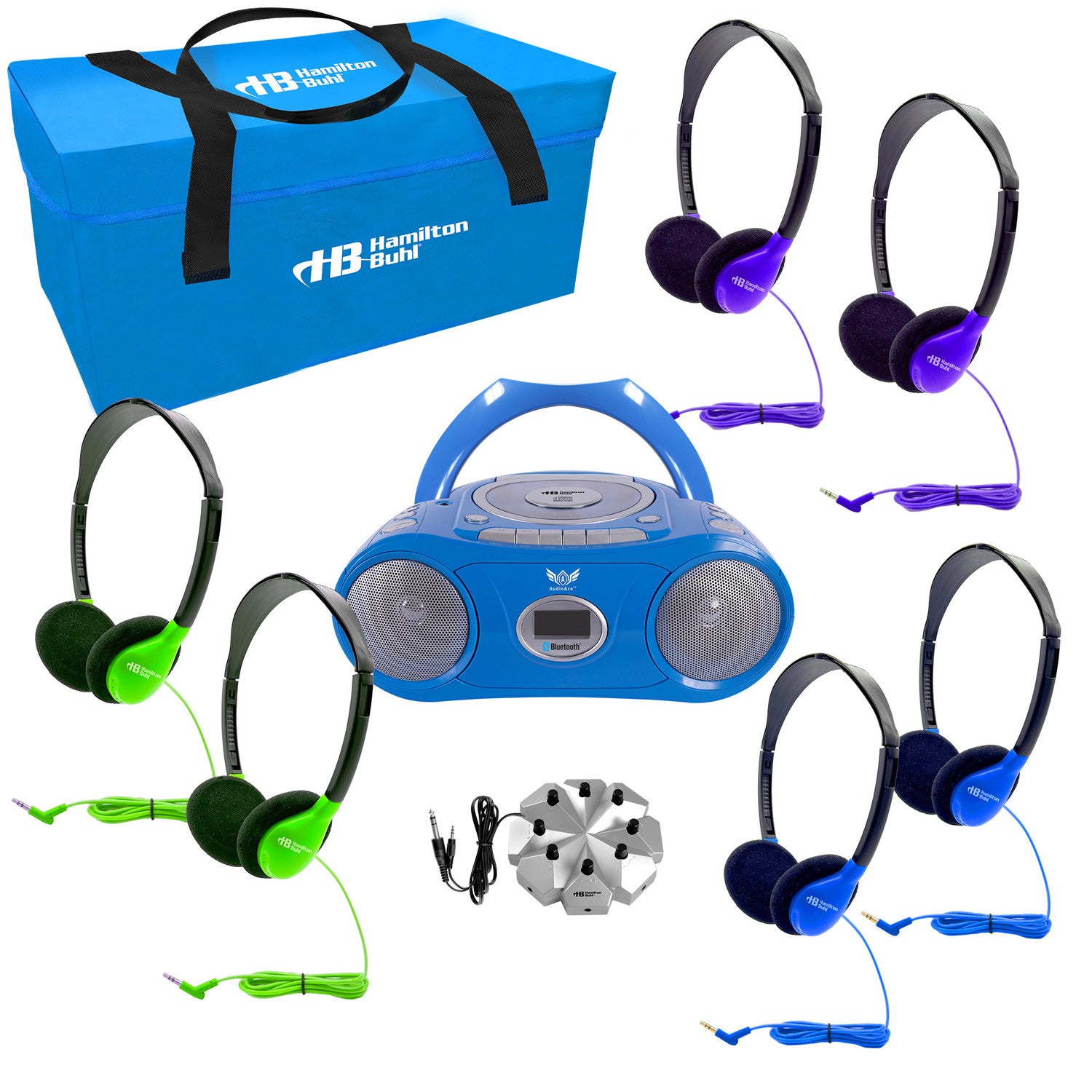HamiltonBuhl 6-station listening center with AudioAce Bluetooth boombox, SchoolMate headphones, jackbox, and carry case