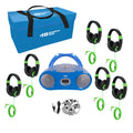 6-station listening center with AudioAce boombox, jackbox, and Smart-Trek Deluxe headphones with green accents