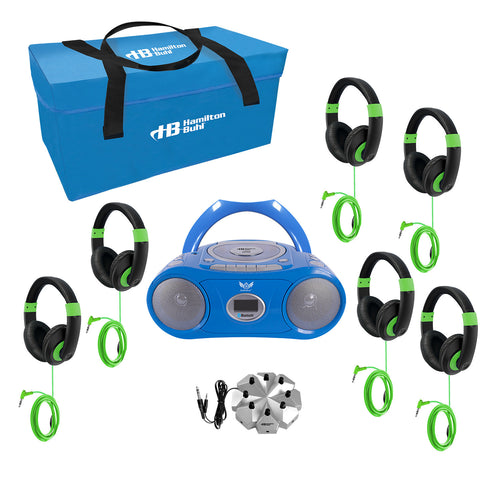 6-station listening center with AudioAce boombox, jackbox, and Smart-Trek Deluxe headphones with green accents
