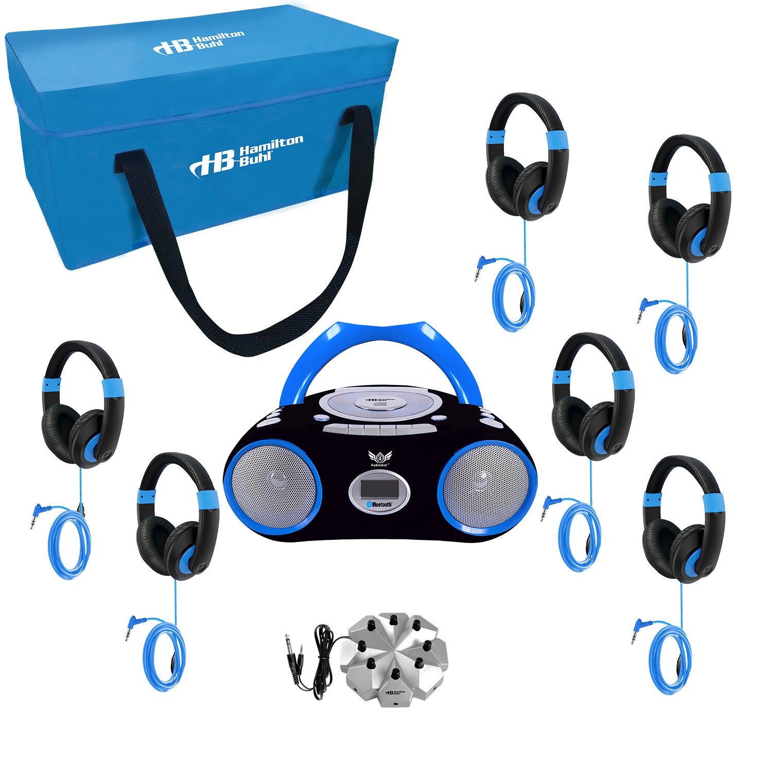 AudioAce boombox 6-station listening center with jackbox and blue accented Smart-Trek Deluxe headphones