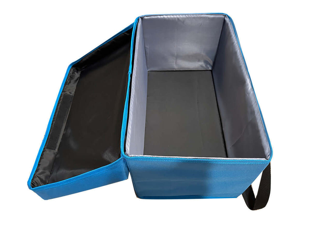 Inside case for 6-student listening center with AudioAce media player and deluxe over-ear headphones