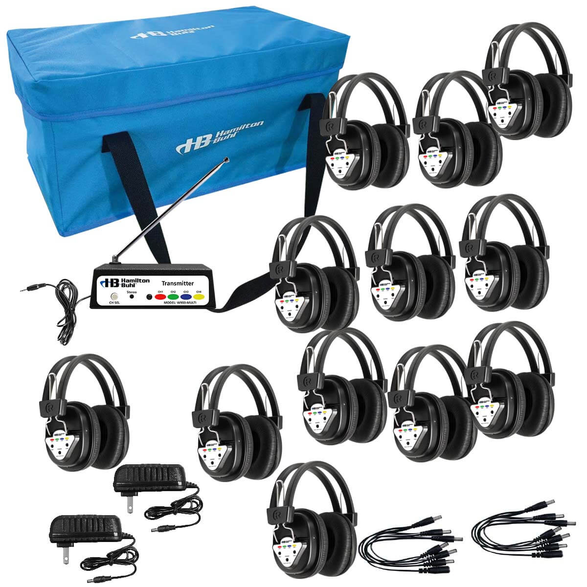 Wireless Listening Center - 12 Wireless Station with Case includes 12 headphones, transmitter, and durable carrying case.