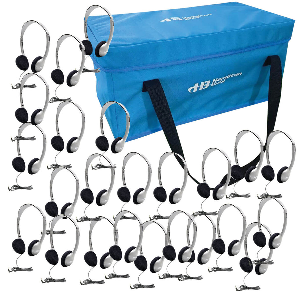 HamiltonBuhl Lab Pack with 24 HA2 bulk school headphones in a carry case, perfect for educational settings.