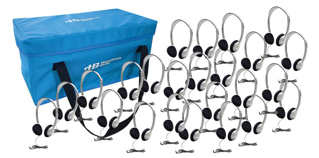 HamiltonBuhl Lab Pack with 24 HA2 personal headphones in carry case, ideal for bulk school headphones for education.