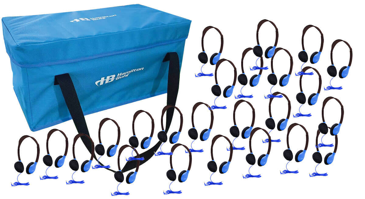 HamiltonBuhl HA2-BLU Lab Pack - 24 Blue Headphones + Case arranged neatly, showcasing their durable design for classroom use.