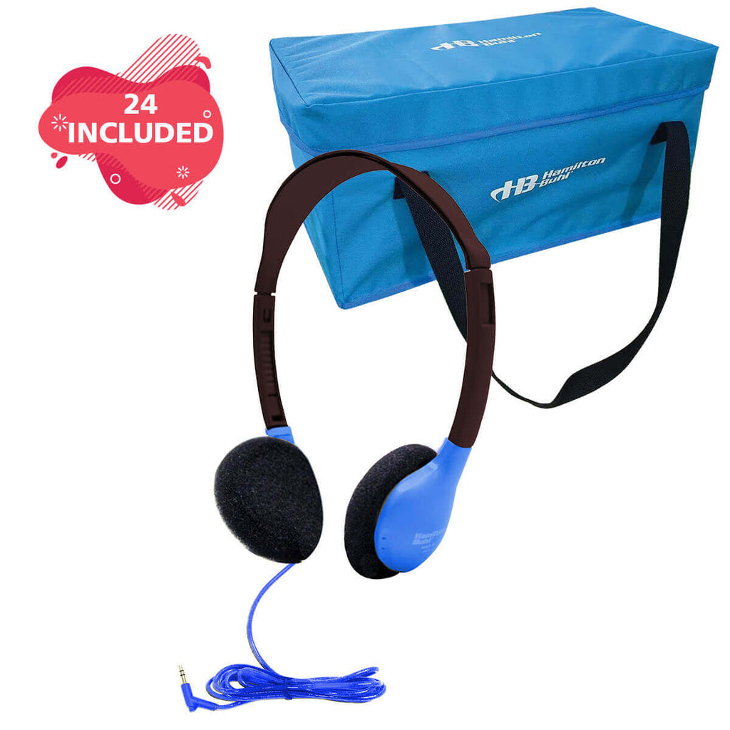 HamiltonBuhl HA2-BLU Lab Pack - 24 Blue Headphones + Case with blue carry bag and headphone design