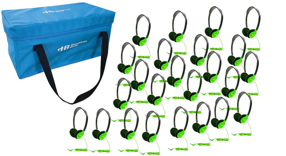 HamiltonBuhl Lab Pack, 24 Personal Headphones in Green (HA2-GRN) in a Carry Case