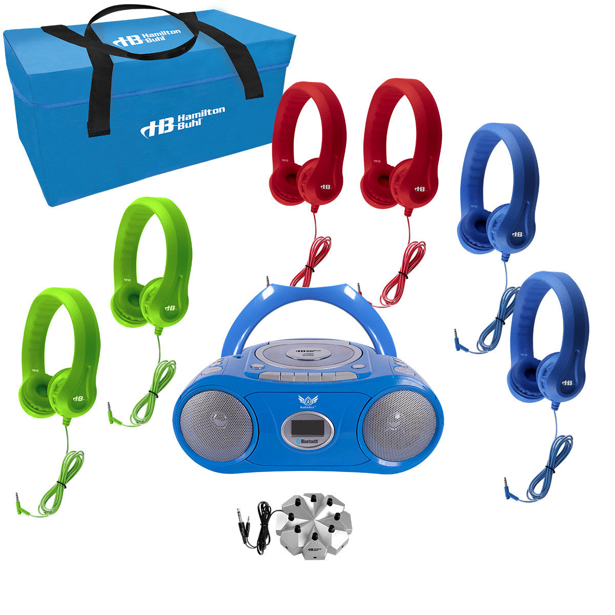HamiltonBuhl 6-Person Listening Center with AudioAce Bluetooth Media Player 2 Blue 2 Green and 2 Red Flex-Phones Headphones, Jackbox and Carry Case