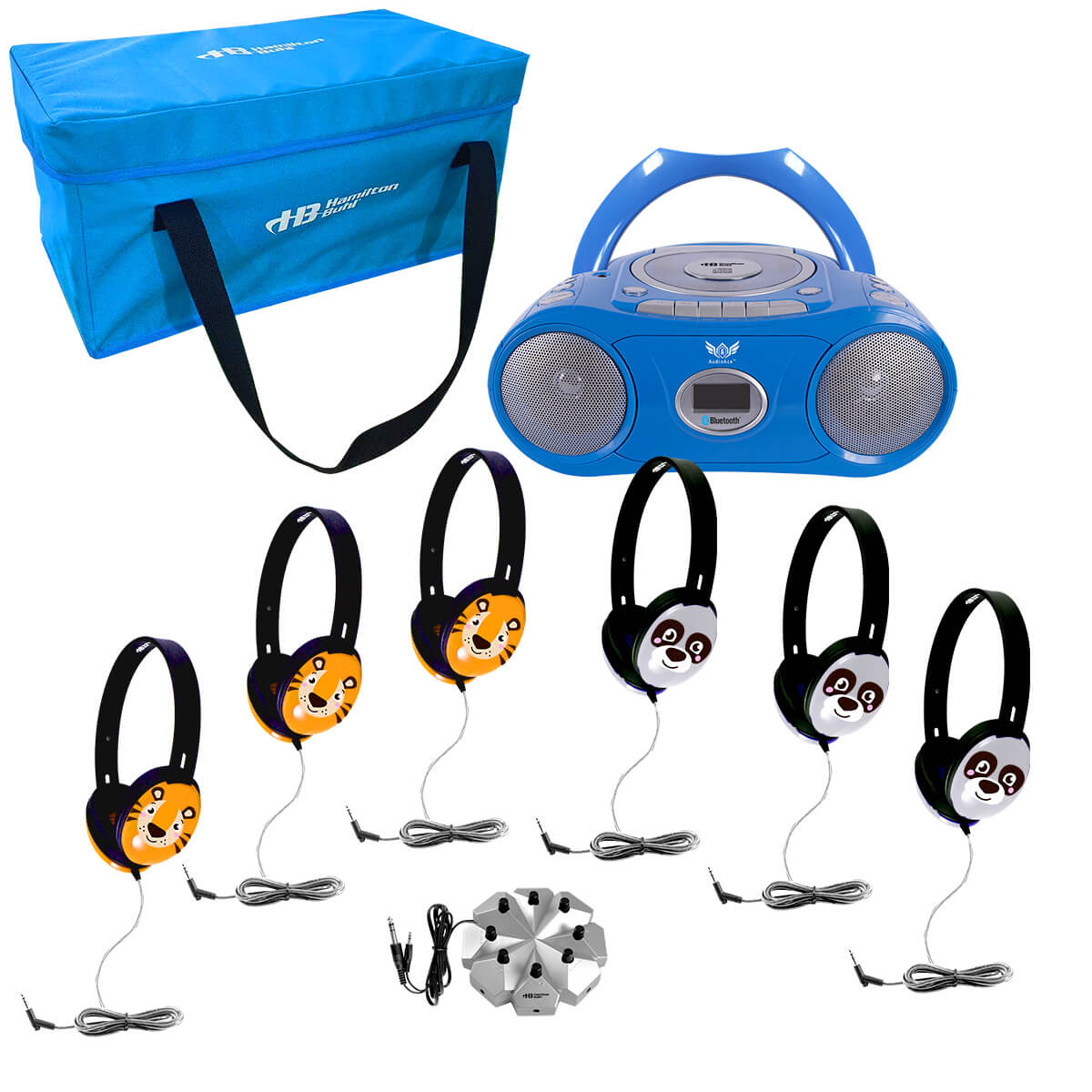 6-Station Listening Center with AudioAce™ Boombox, (3) Primo™ Tiger and (3) Panda Headphones, Jackbox, and Carry Case