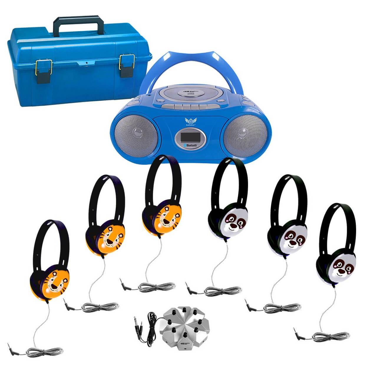 6-Station Listening Center with AudioAce™ Boombox, (3) Primo™ Tiger and (3) Panda Headphones, Jackbox, and Carry Case