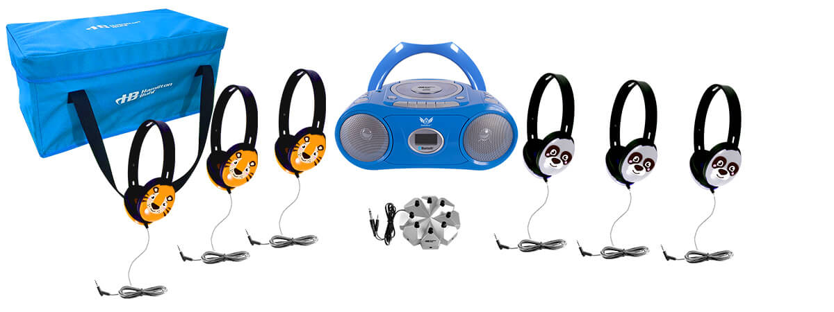 6-Person Listening Center with Boombox & 3 Designs Primo Headphones, featuring boombox and colorful headphones.