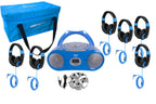 AudioAce 6-Station Listening Center Smart-Trek Headphones with blue boombox and carry case.