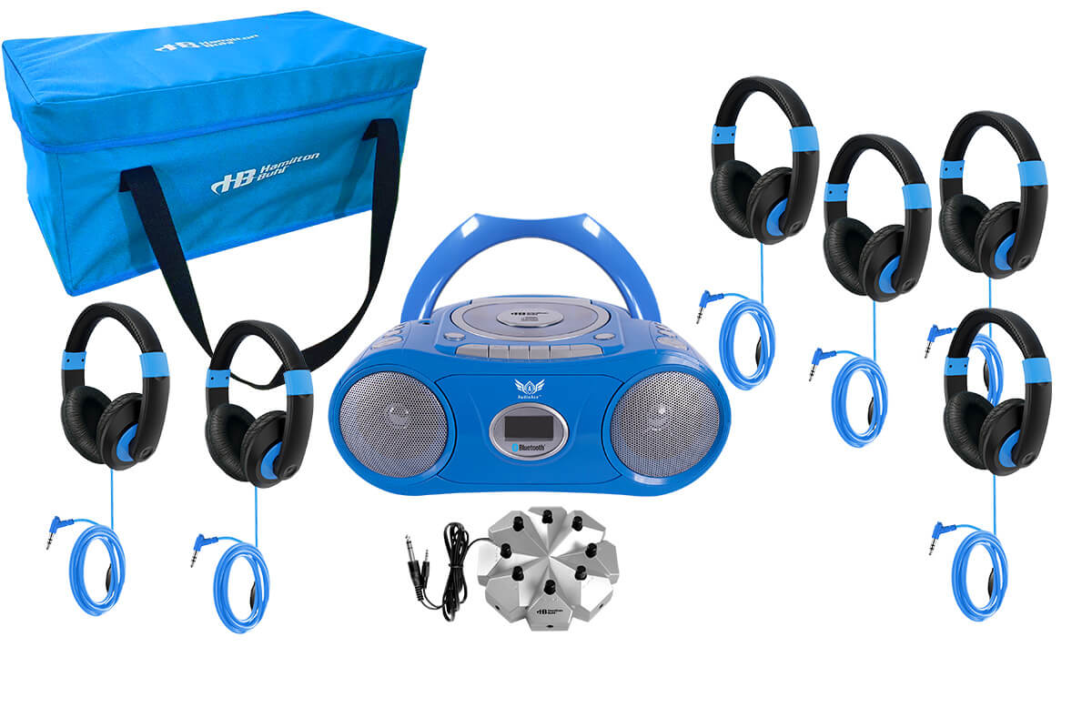AudioAce 6-Station Listening Center Smart-Trek Headphones with blue boombox and carry case.