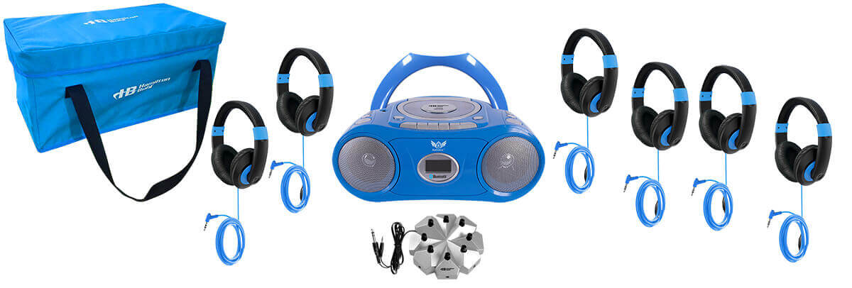 AudioAce 6-Station Listening Center Smart-Trek Headphones with blue accents and boombox in a lockable carry case.
