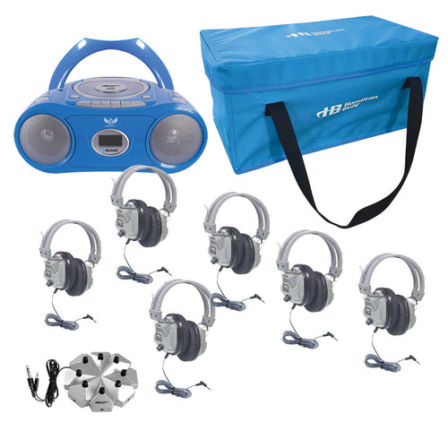6 person listening center with Bluetooth boombox and bulk school headphones for education.