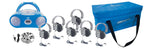 6 person listening center with Bluetooth boombox and bulk school headphones, ideal for education and language learning.