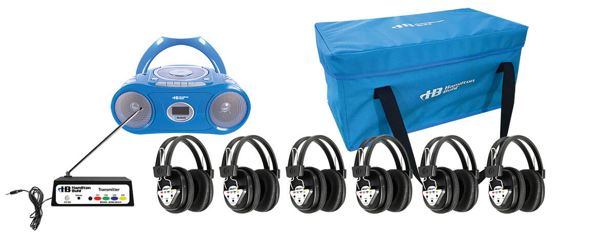 Hamilton Buhl 6 person wireless listening center with Bluetooth boombox and bulk school headphones for education.