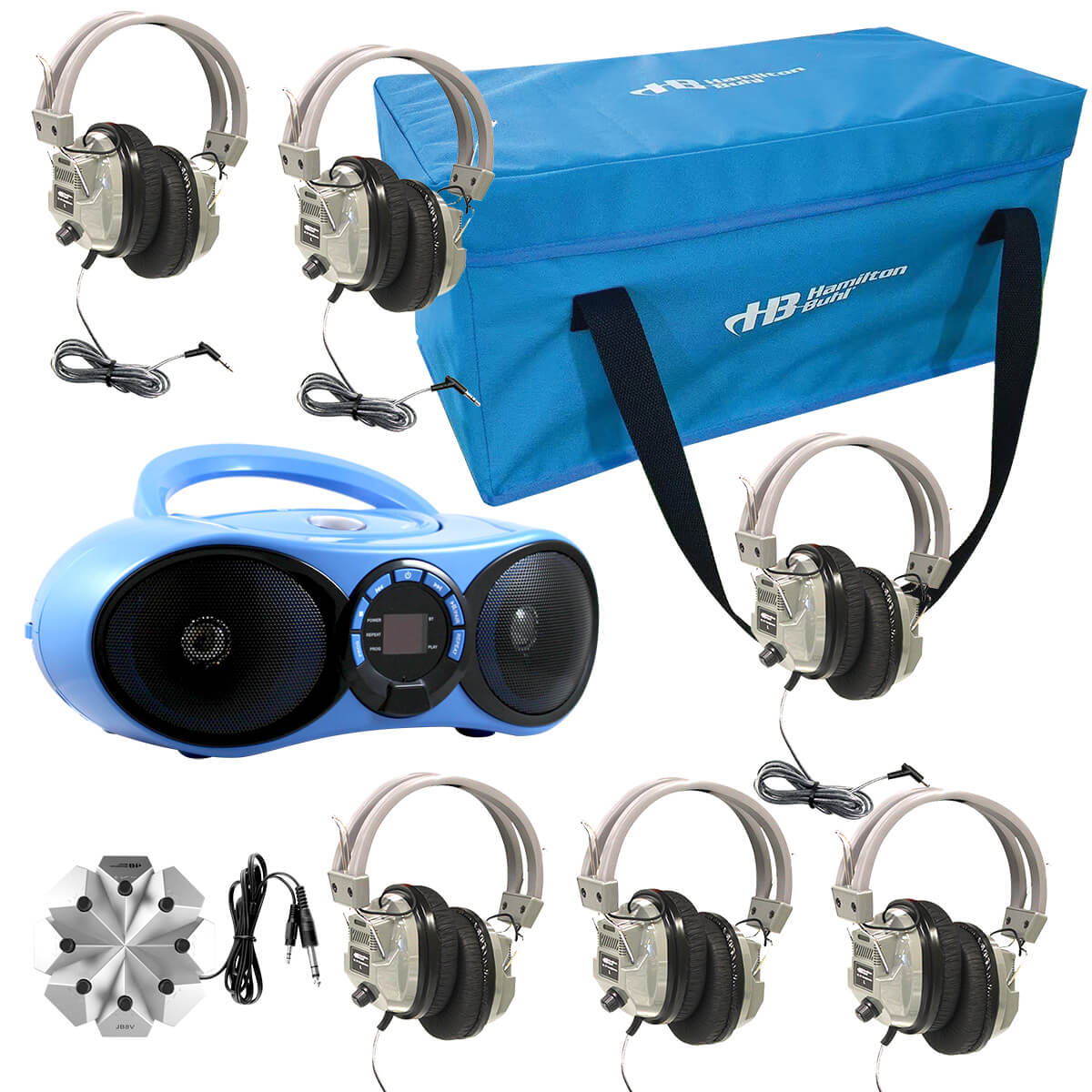 HamiltonBuhl Val-U-Pak Bluetooth/CD/FM Listening Center with six school headphones for education and bulk headphone needs.