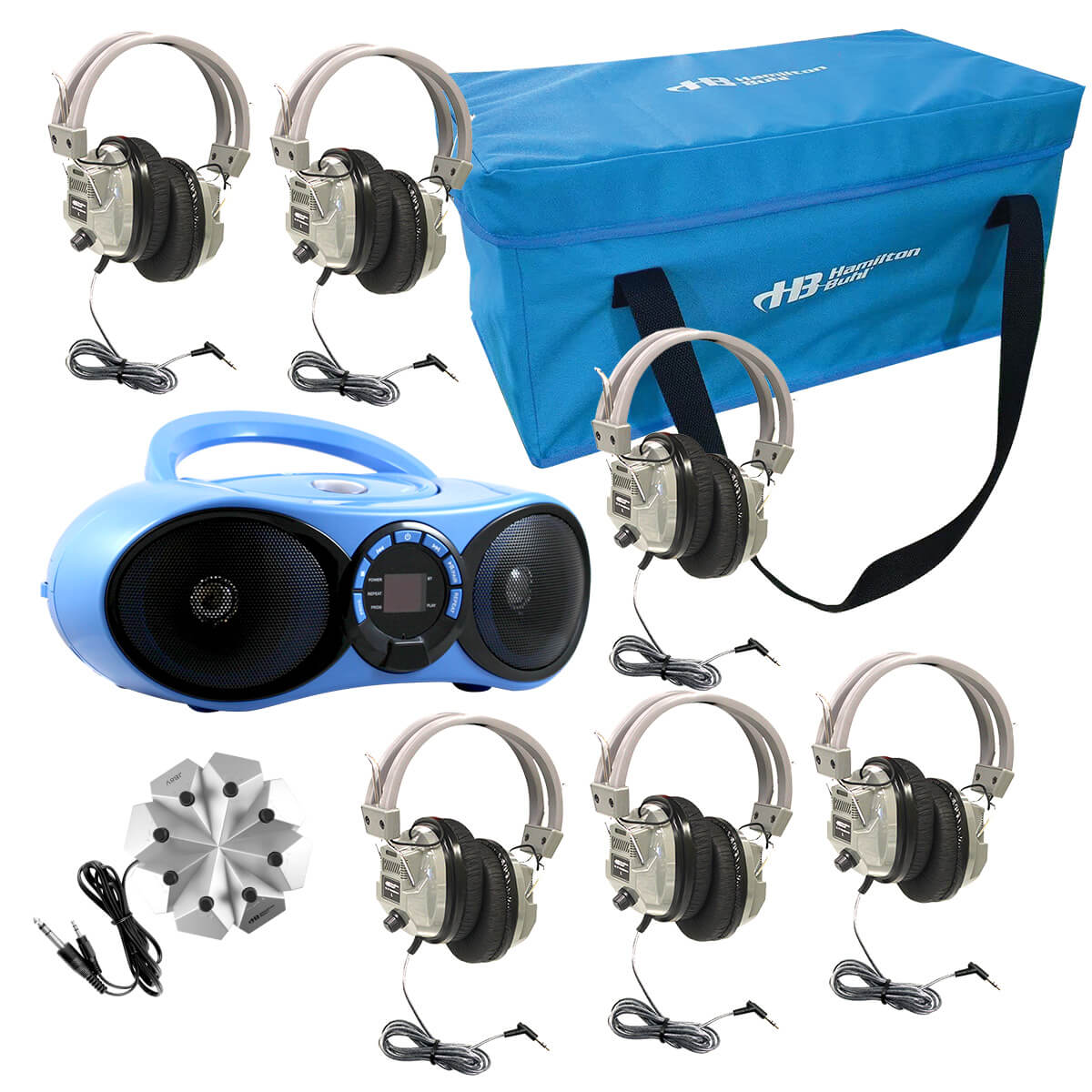 HamiltonBuhl 6 Station Bluetooth/CD/FM Listening Center with bulk school headphones for education.