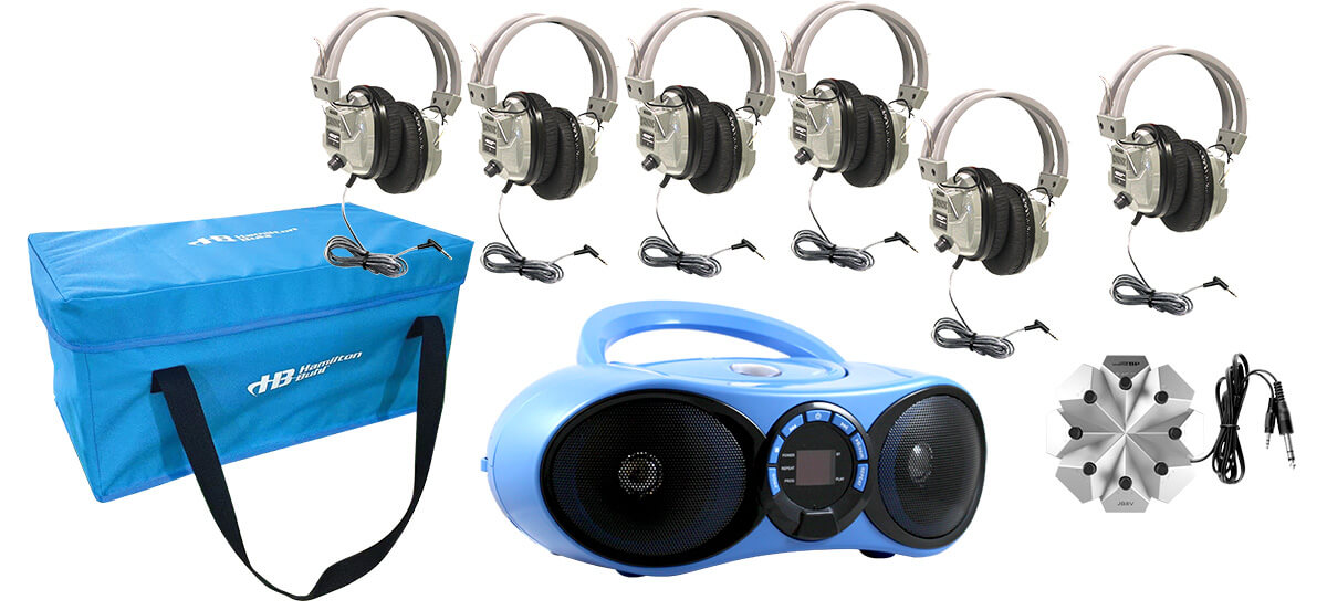 HamiltonBuhl Val-U-Pak Bluetooth/CD/FM Listening Center with 6 bulk school headphones for educational use.