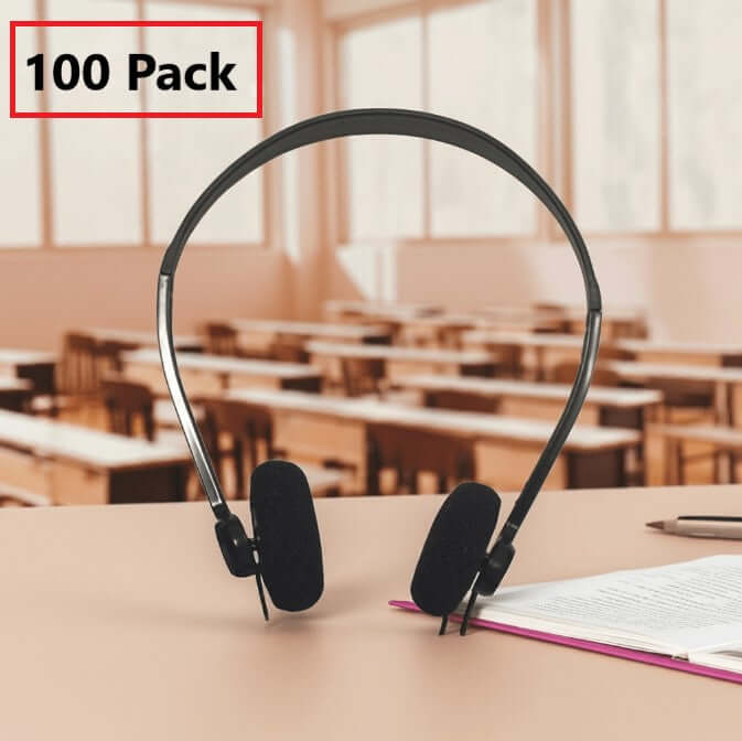 Bulk school headphones in 100 pack for classrooms and educational settings, featuring adjustable earpieces for comfort.