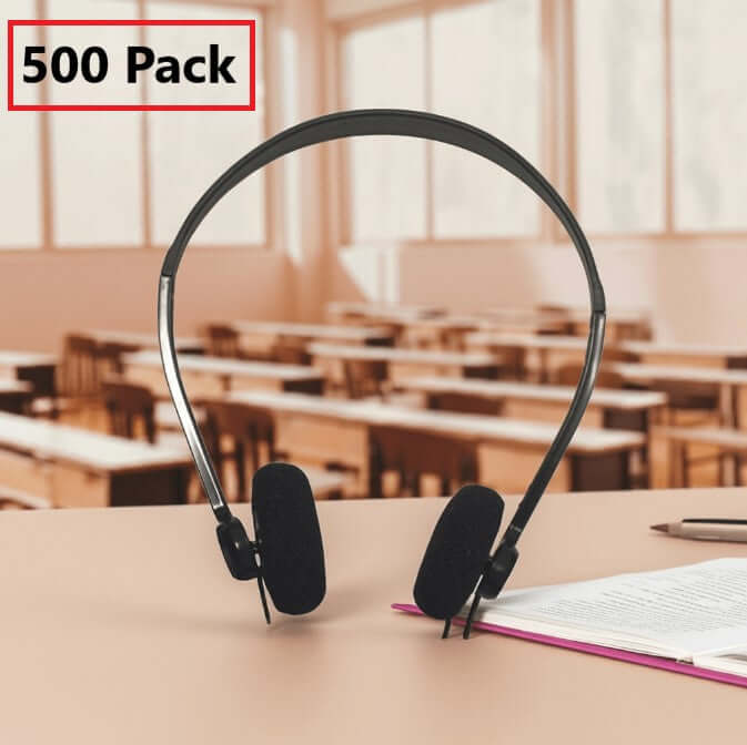 Bulk school headphones LH-06PS on desk in classroom, perfect for education and training, 500 pack.