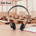 Bulk school headphones LH-06PS on desk in classroom, perfect for education and training, 500 pack.