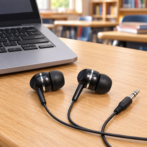 Black earbuds with a 3.5mm jack, resting on a wooden desk next to an open laptop, with a blurred classroom background.