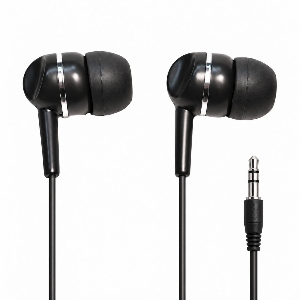 School Earbuds LH-3 - Black premium stereo headphones for education and classroom use, ideal for bulk school headphone packs.
