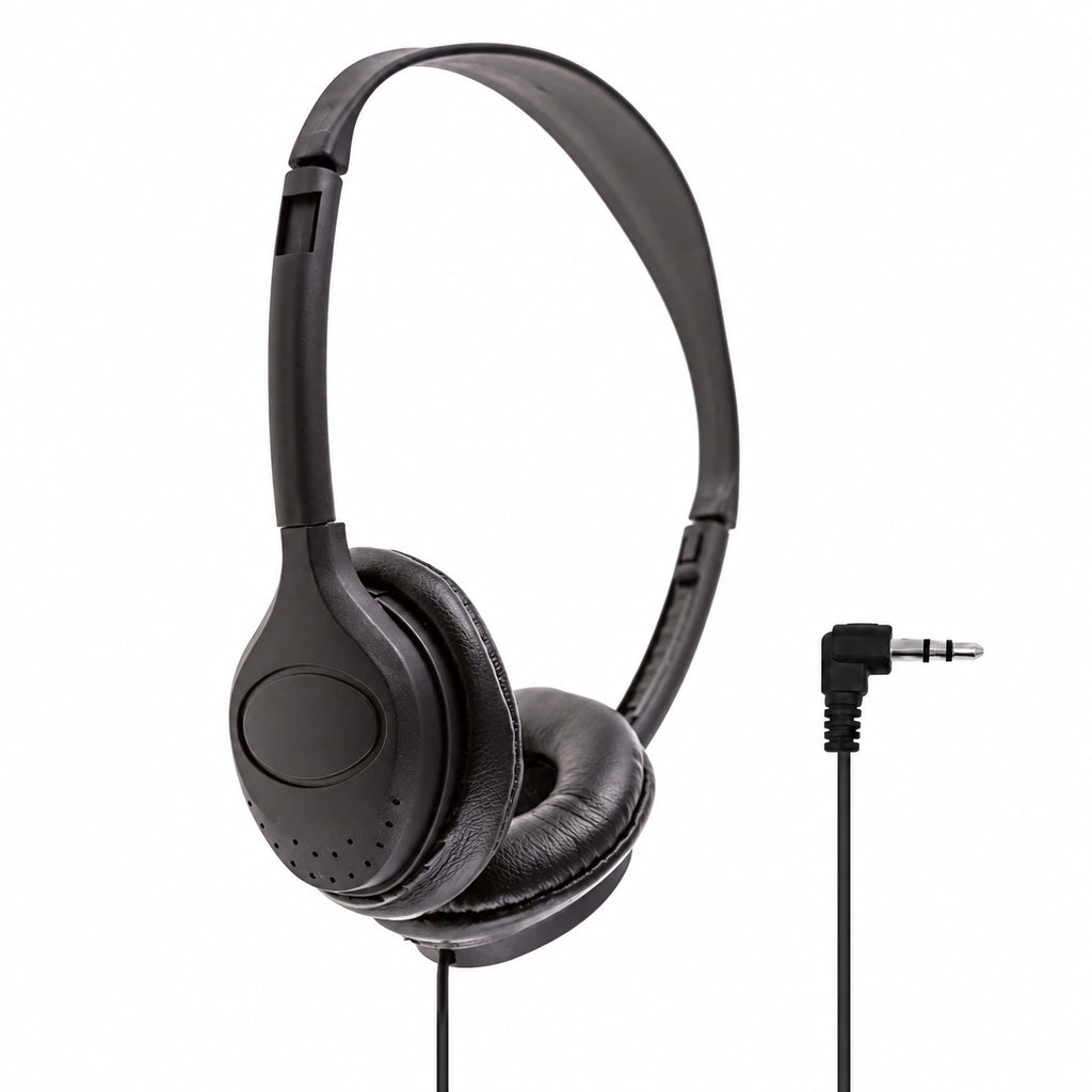 Black over-ear wired headphones with padded ear cups and a flexible 3.5mm audio jack adapter on a plain white background.