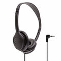 Black over-ear wired headphones with padded ear cups and a flexible 3.5mm audio jack adapter on a plain white background.