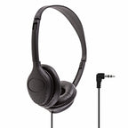 Black over-ear wired headphones with padded ear cups and a flexible 3.5mm audio jack adapter on a plain white background.