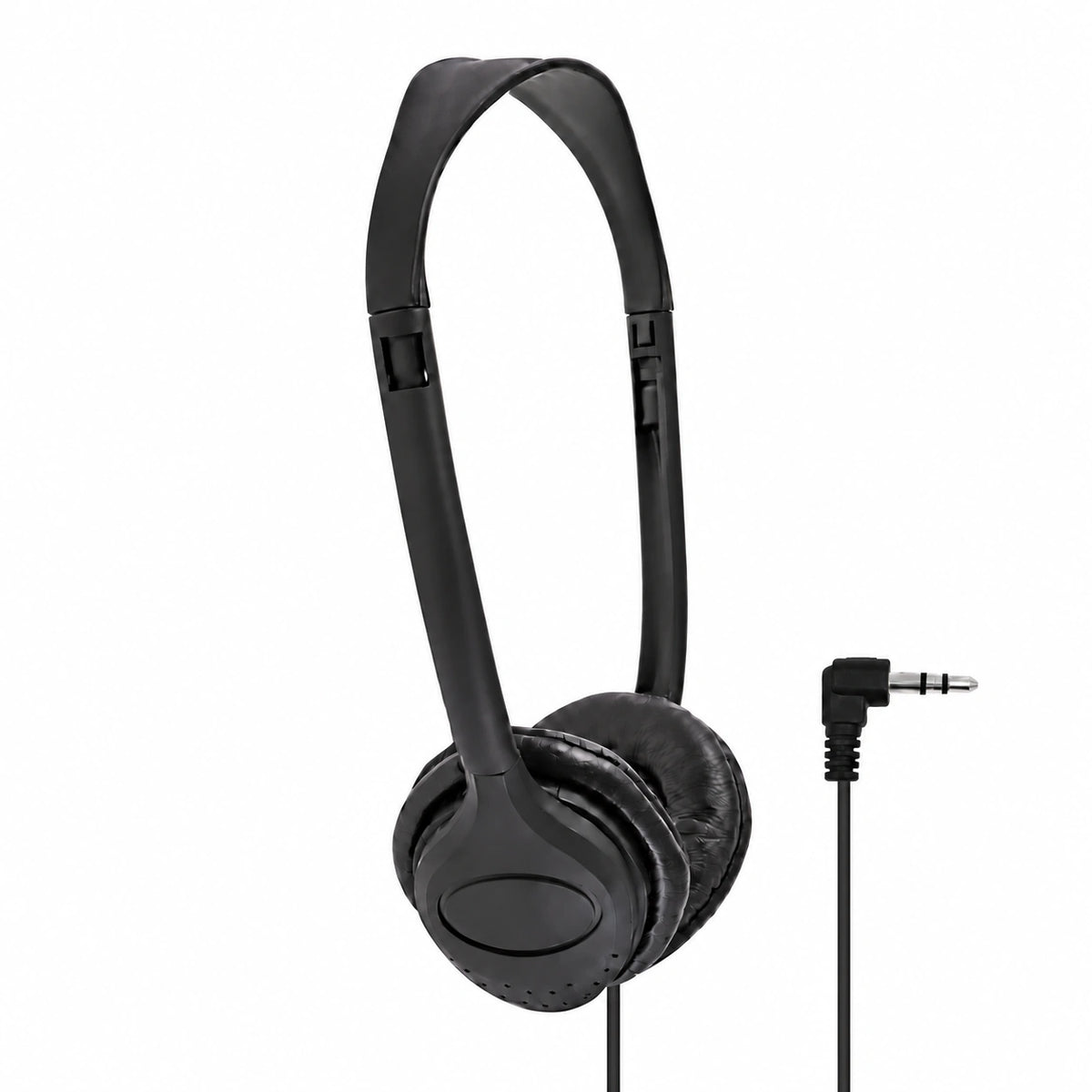 Black over-ear wired headphones with a padded headband and ear cups, shown on a plain white background with a right-angle audio plug visible at the cable end.