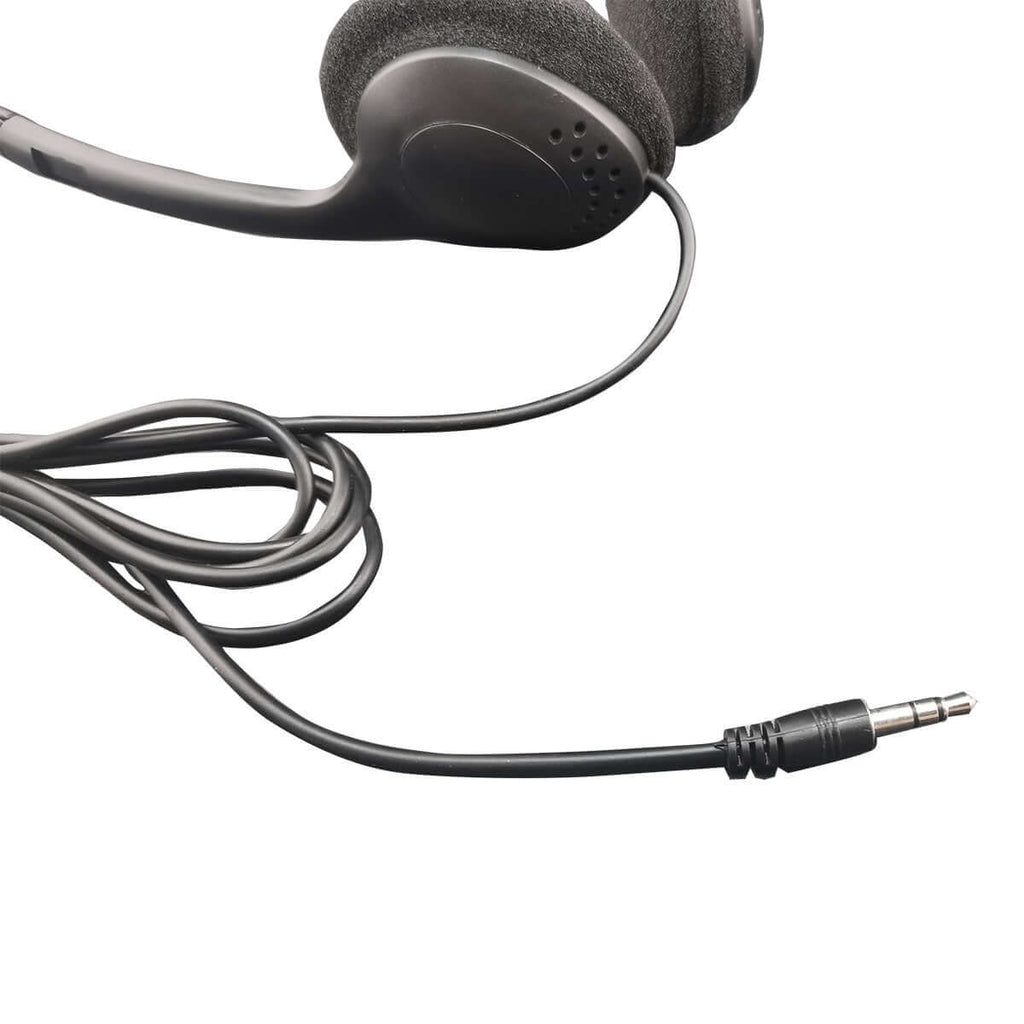 Detail view of cable and 3.5mm headphone plug on personal economical headphones