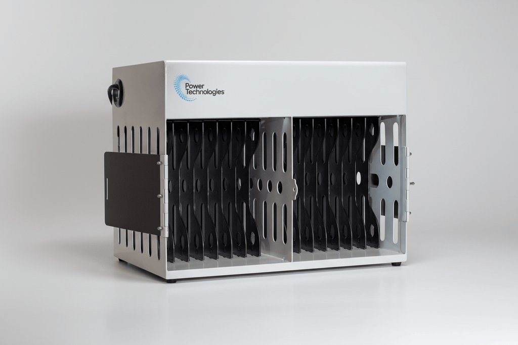 Power Technologies Charging Cabinet with 16 compartments on a white background, featuring Power Technologies branding.